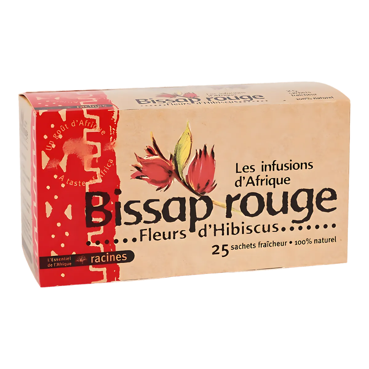 Boîte de 25 sachets d'infusion Bissap Hibiscus RACINES, boisson traditionnelle africaine 100% naturelle aux fleurs d'hibiscus séchées.