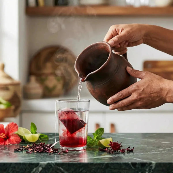 Infusion d'Afrique Bissap RACINES: eau versée dans verre avec sachet, hibiscus, lime.