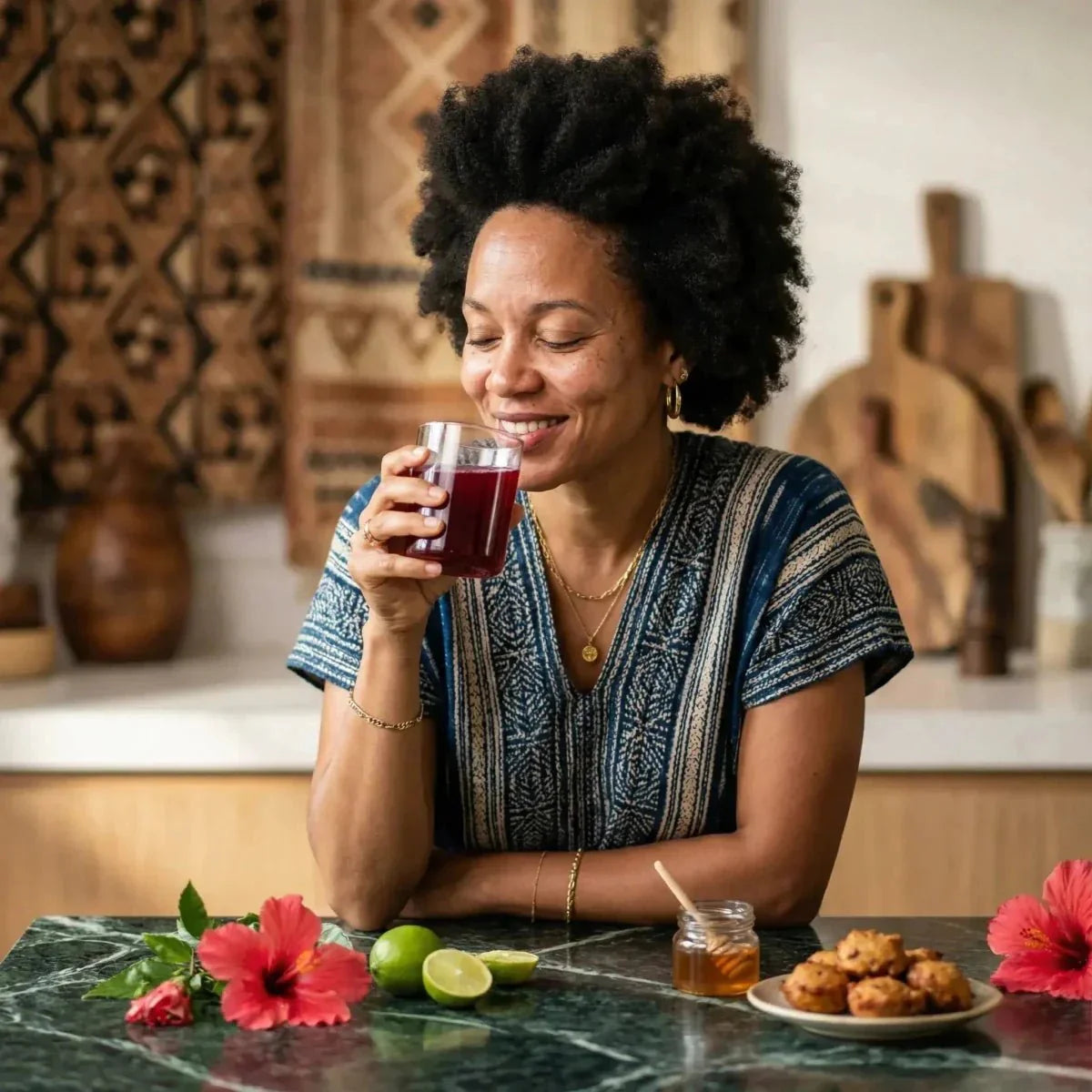 RACINES, Afrikaanse bissap-infusie — 40g. Lachende vrouw die van haar drankje geniet.