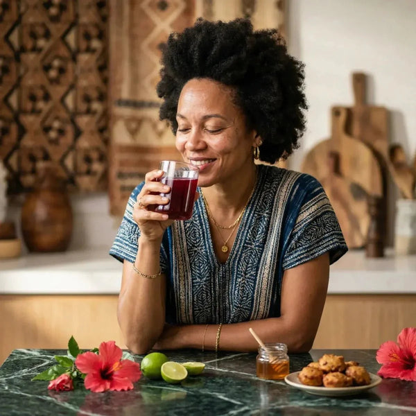RACINES, Infusion d'Afrique bissap - 40g. Femme souriante savourant sa boisson.
