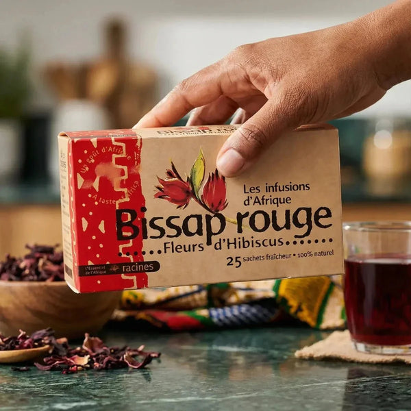 Infusion d'Afrique bissap, un goût d'Afrique, racines l'Essentiel de l'Afrique.