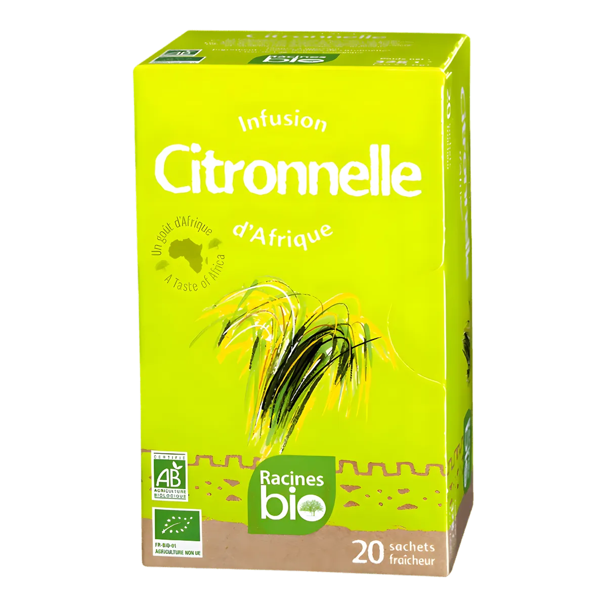 Boîte d'infusion BIO Afrique citronnelle Racines, 20 sachets fraîcheur. Goût vivifiant et propriétés apaisantes pour une boisson relaxante.