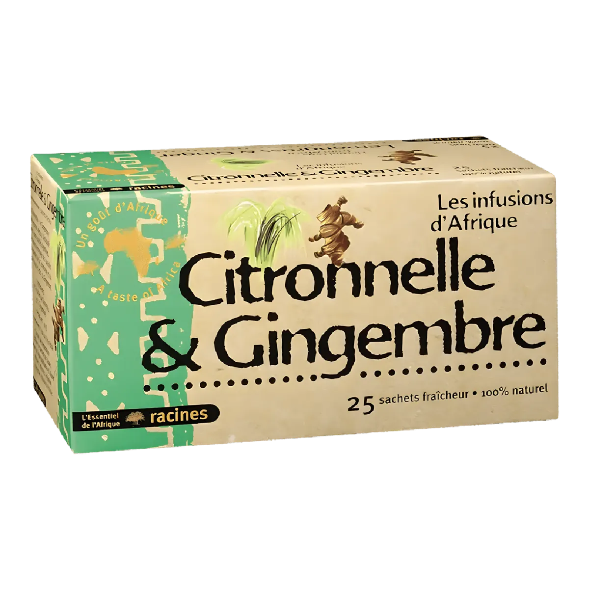 Boîte d'infusion Citronnelle Gingembre RACINES, 25 sachets, 100% naturel, saveur fraîche et épicée, idéale pour bien-être et détente.
