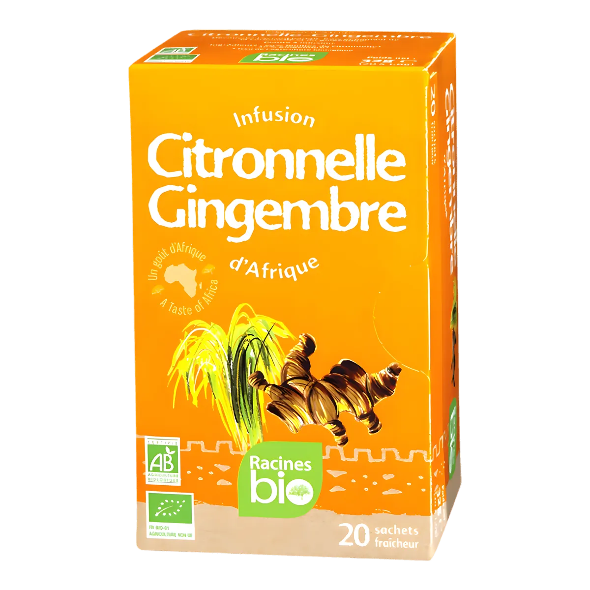 Boîte d'infusion citronnelle gingembre bio RACINES, 20 sachets fraîcheur, boisson aromatique africaine aux saveurs épicées et rafraîchissantes.