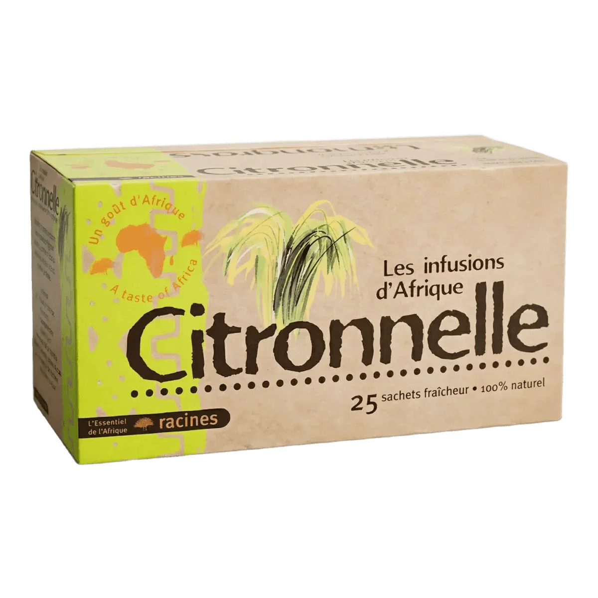 Infusiedoos Citroengras RACINES, "Een smaak van Afrika". 100% natuurlijk vershoudzakje.