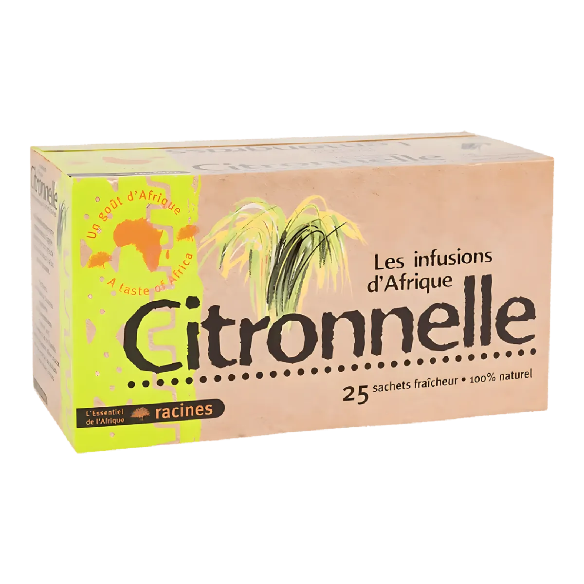 Boîte de 25 sachets d'Infusion Citronnelle RACINES - Afrique Gingembre, 100% naturel, saveur fraîche et élégante pour thé ou infusion chaude.