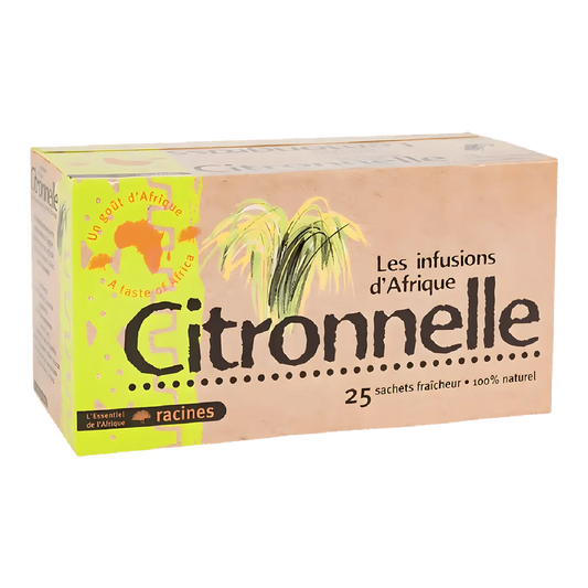 Boîte de 25 sachets d'Infusion Citronnelle RACINES - Afrique Gingembre, 100% naturel, saveur fraîche et élégante pour thé ou infusion chaude.