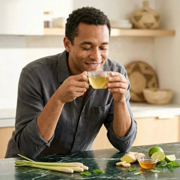 RACINES, Afrika-Zitronengras-Infusion: lächelnder Mann mit einer Tasse Tee, Zitronengras.