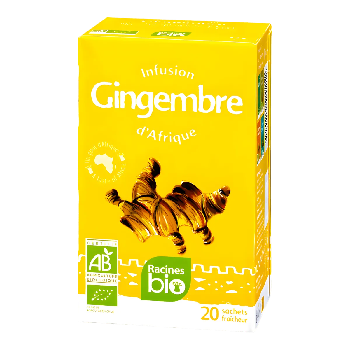 Infusion Gingembre Bio - BIO RACINES en boîte jaune de 20 sachets, boisson épicée 100% biologique à base de gingembre d'Afrique.