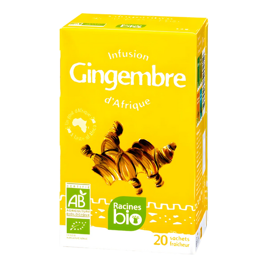 Infusion Gingembre Bio - BIO RACINES en boîte jaune de 20 sachets, boisson épicée 100% biologique à base de gingembre d'Afrique.