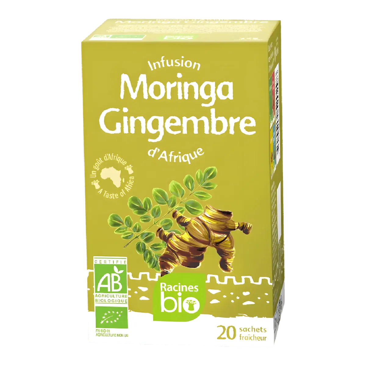 Boîte d'infusion gingembre moringa BIO Racines, 20 sachets, certifiée agriculture biologique. Bienfaits naturels pour une pause bien-être.