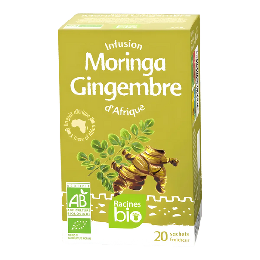 Boîte d'infusion gingembre moringa BIO Racines, 20 sachets, certifiée agriculture biologique. Bienfaits naturels pour une pause bien-être.