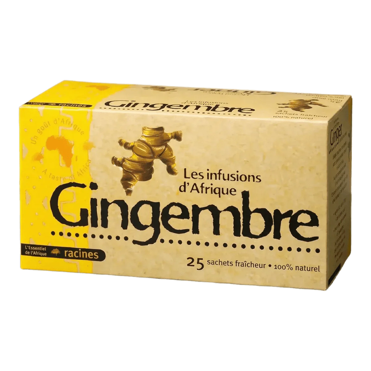 Theezakje gemberinfusie van het merk RACINES, specialiteit uit Afrika. Gele doos.