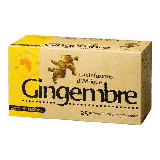 Theezakje gemberinfusie van het merk RACINES, specialiteit uit Afrika. Gele doos.