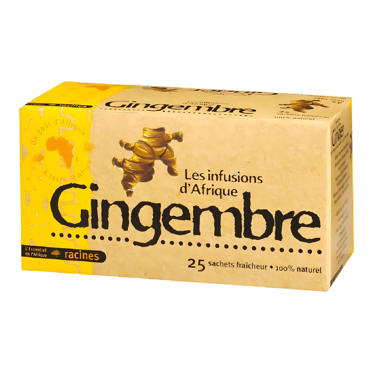 Boîte de 25 sachets d'infusion gingembre Afrique RACINES, boisson revigorante 100% naturelle aux notes épicées. Idéale pour une pause tonique.