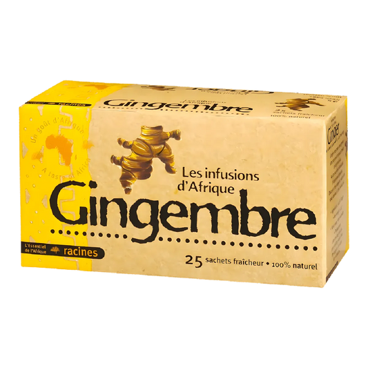 Boîte de 25 sachets d'infusion gingembre Afrique RACINES, boisson revigorante 100% naturelle aux notes épicées. Idéale pour une pause tonique.