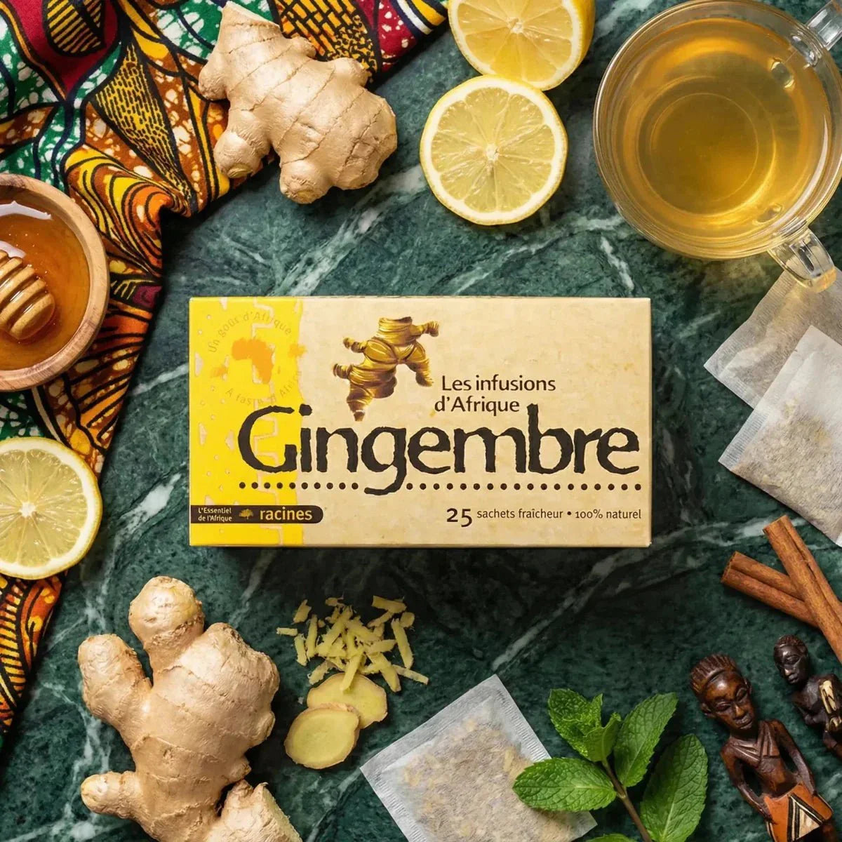 Infuso d'Africa zenzero RADICI. Scatola di tè, zenzero fresco, limone, miele.