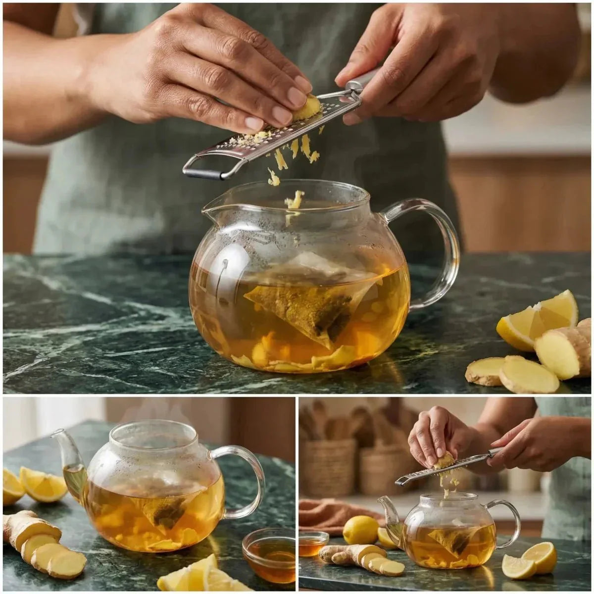 Infuso d'Africa zenzero RADICI. Preparazione di una bevanda allo zenzero, limone e miele.