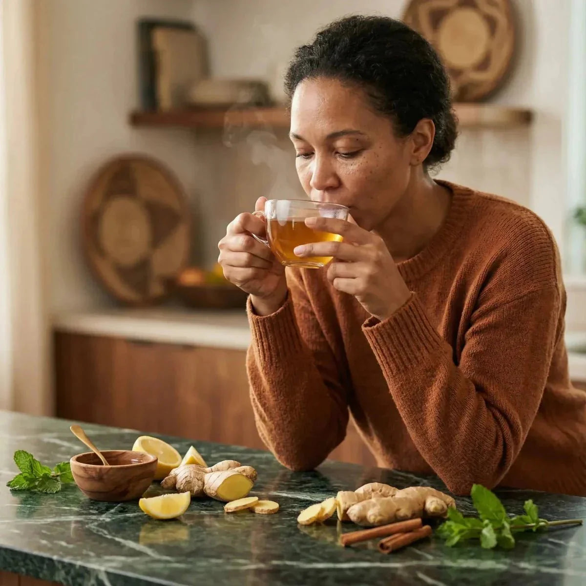 Infuso d'Africa zenzero RADICI. Donna che beve un infuso con zenzero fresco, limone.