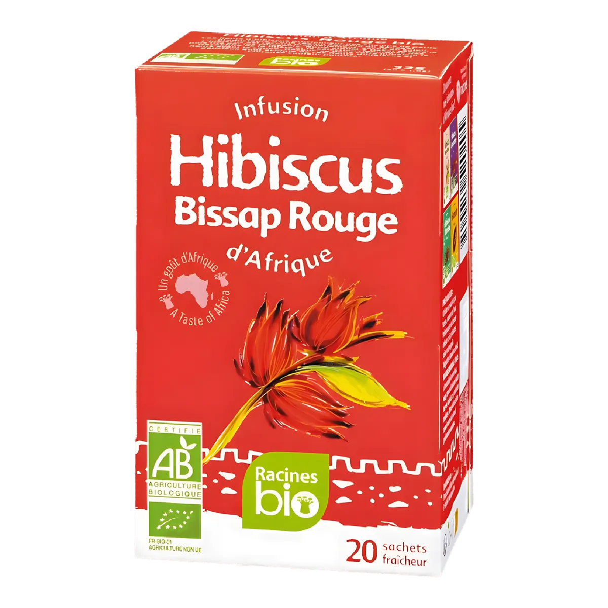 Boîte d'infusion hibiscus BIO Racines au goût fruité authentique, 20 sachets, fleurs d'hibiscus rouges issues de l'agriculture biologique.