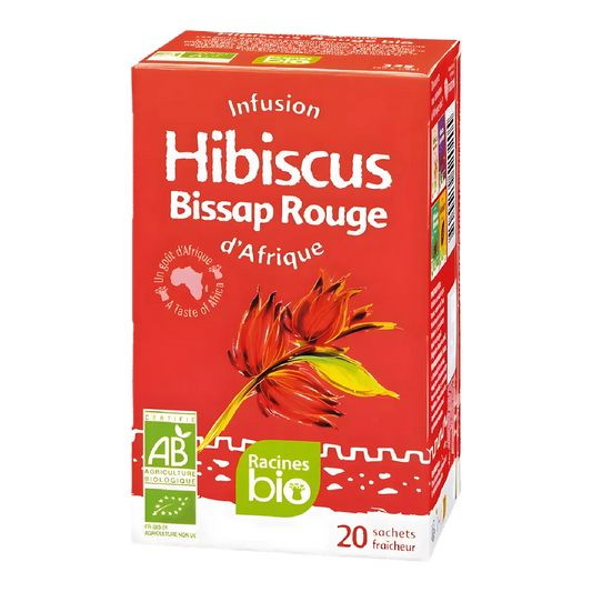Boîte d'infusion hibiscus BIO Racines au goût fruité authentique, 20 sachets, fleurs d'hibiscus rouges issues de l'agriculture biologique.