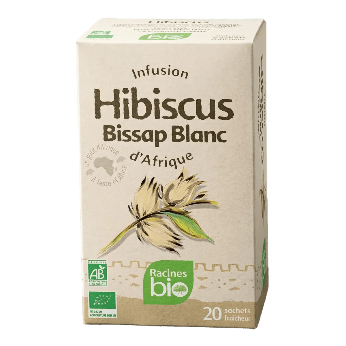 Infusiedoos Hibiscus Bissap Wit, Biologische Wortels, met AB Biologische Landbouw label.