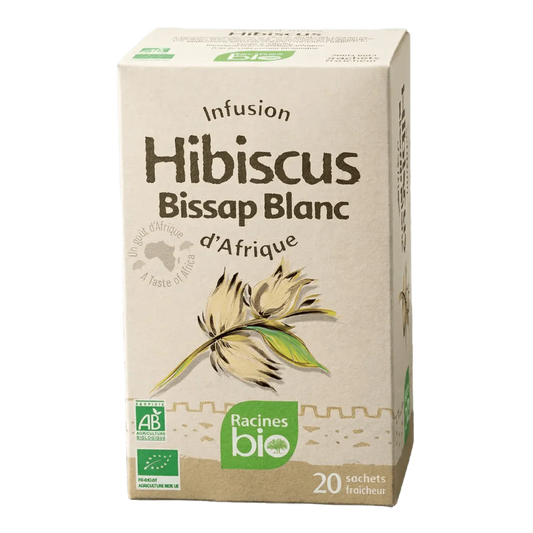 Infusiedoos Hibiscus Bissap Wit, Biologische Wortels, met AB Biologische Landbouw label.