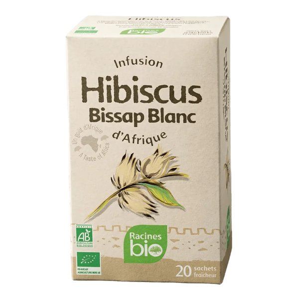 Boîte d'infusion Hibiscus Bissap Blanc, Racines Bio, avec label AB Agriculture Biologique.