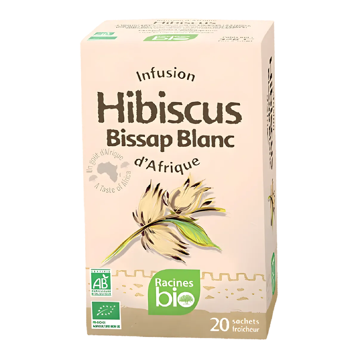 Boîte de 20 sachets d'infusion hibiscus blanc BIO RACINES, boisson naturelle sans sucre, idéale chaude ou froide.