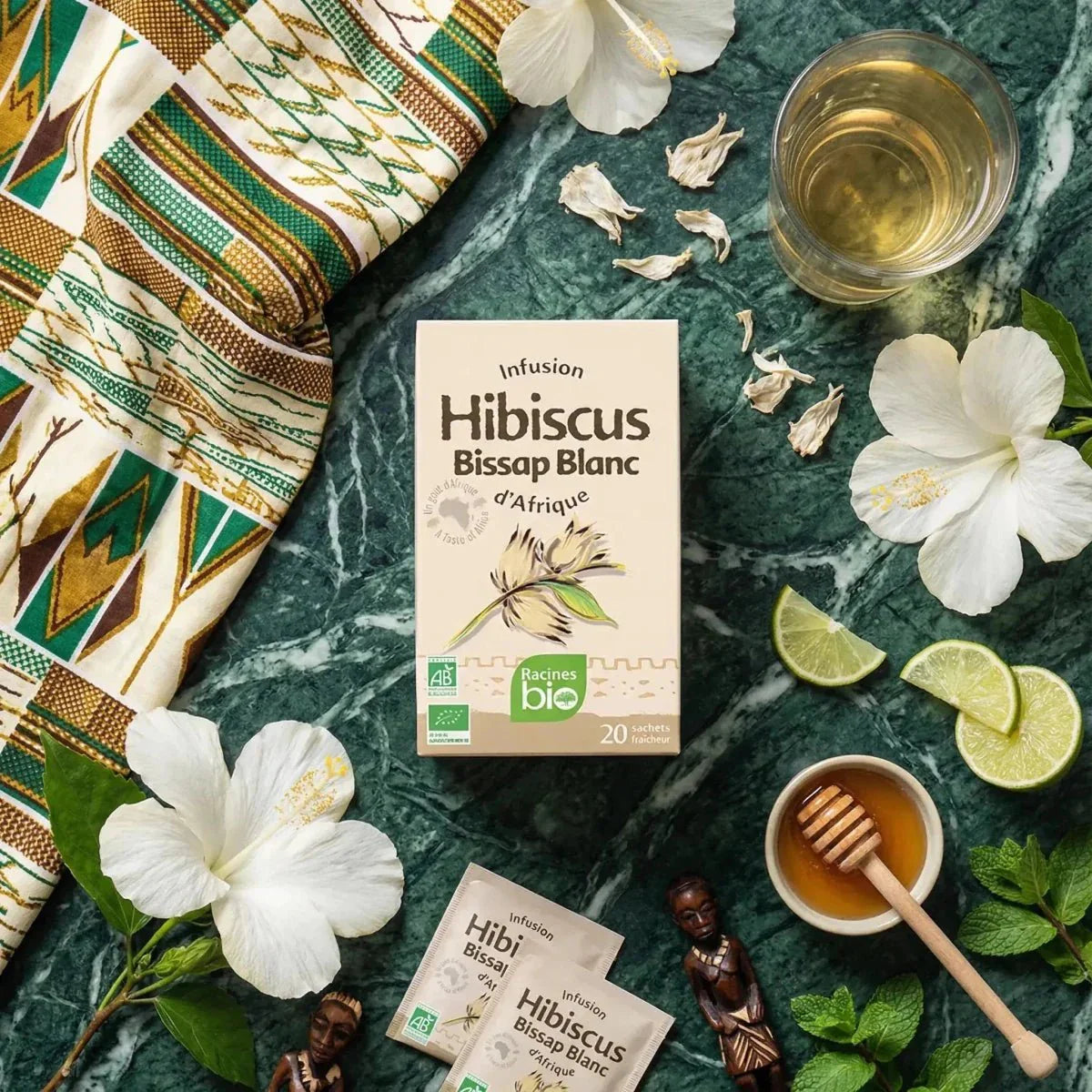 Infusion Hibiscus Bissap Blanc BIO Racines. Sachet, fleurs blanches, miel.