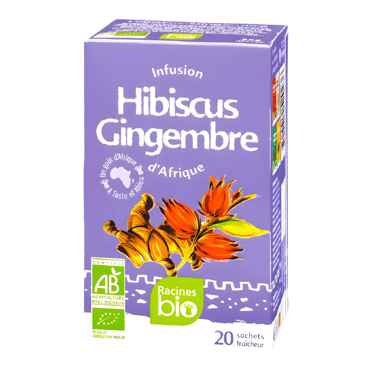 Boîte d'infusion hibiscus gingembre bio Racines avec 20 sachets, riche en antioxydants, idéale pour une boisson chaude ou froide.
