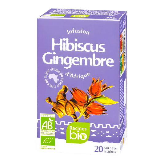 Boîte d'infusion hibiscus gingembre bio Racines avec 20 sachets, riche en antioxydants, idéale pour une boisson chaude ou froide.