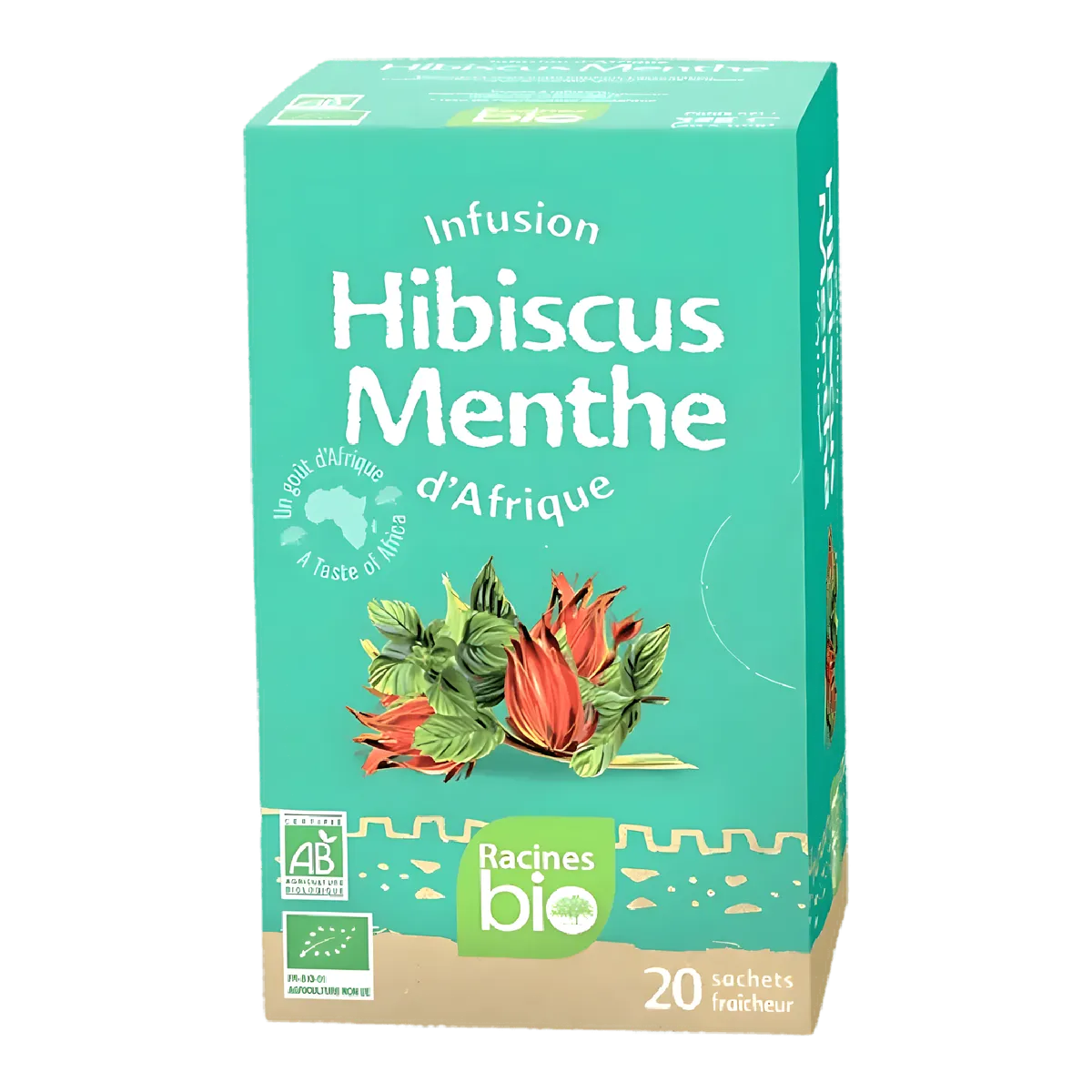 Boîte de l'infusion d'Afrique BIO RACINES hibiscus menthe, 20 sachets fraîcheur, boisson naturelle et rafraîchissante certifiée AB.