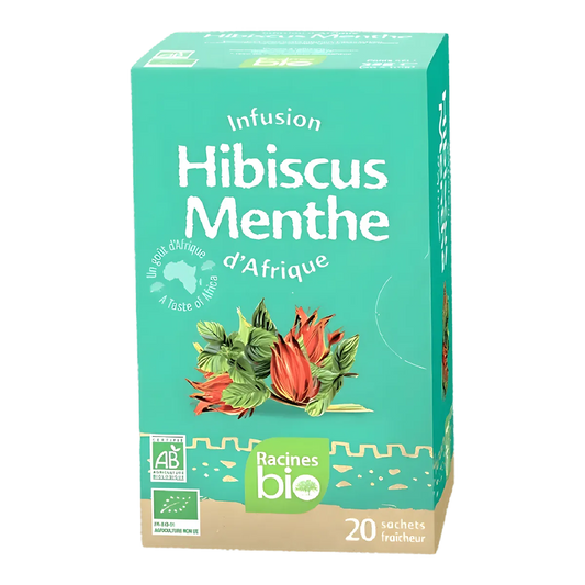 Boîte de l'infusion d'Afrique BIO RACINES hibiscus menthe, 20 sachets fraîcheur, boisson naturelle et rafraîchissante certifiée AB.