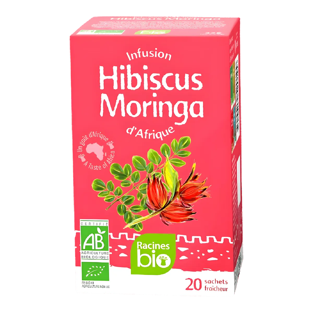Boîte d'infusion d'Afrique hibiscus moringa bio RACINES, 20 sachets, saveurs exotiques et bienfaits naturels, catégorie infusions bio.