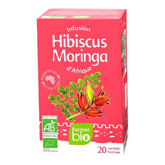 Boîte d'infusion d'Afrique hibiscus moringa bio RACINES, 20 sachets, saveurs exotiques et bienfaits naturels, catégorie infusions bio.