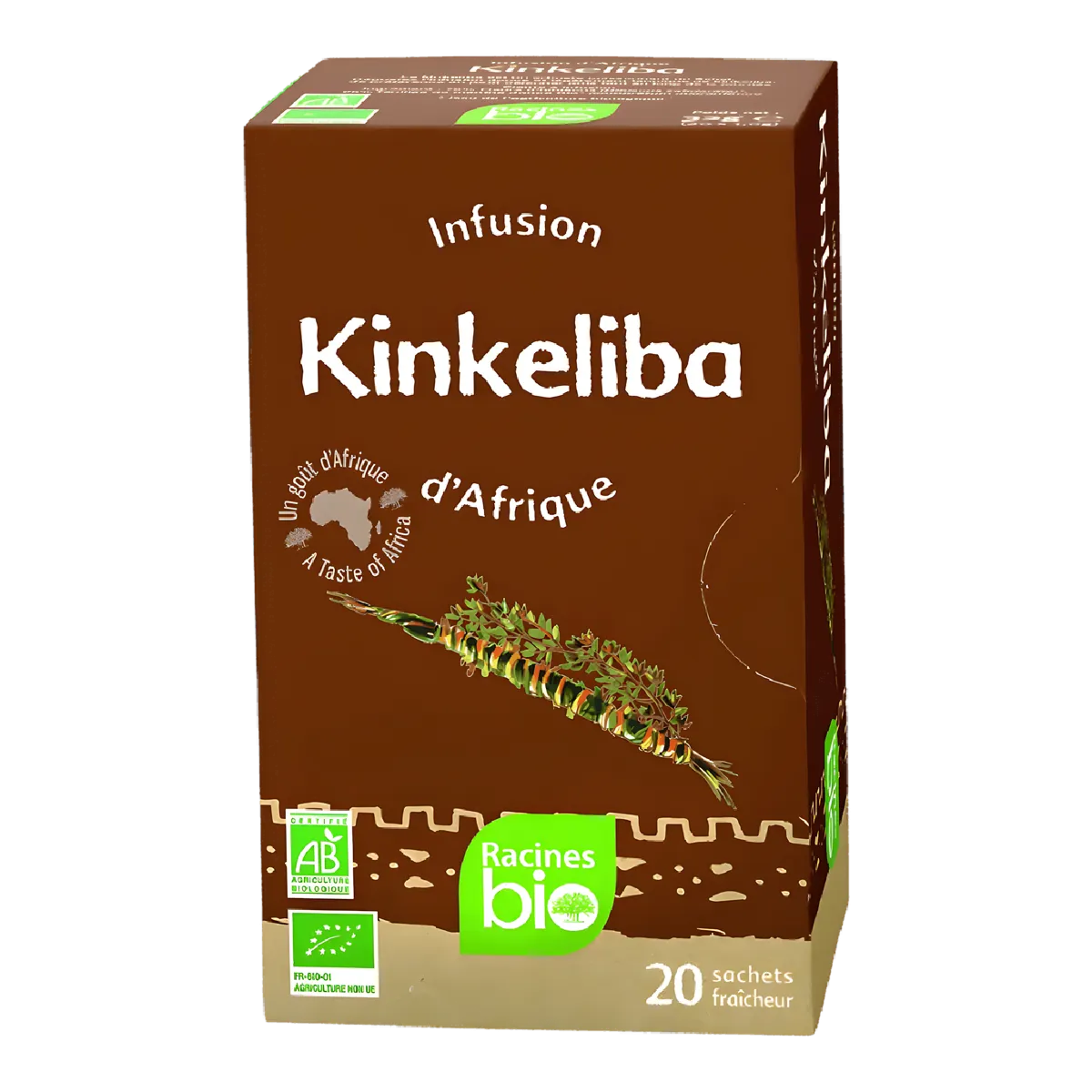 Boîte d'infusion kinkeliba BIO d'Afrique Racines, 20 sachets fraîcheur, détoxifiant naturel certifié AB pour bien-être et digestion.