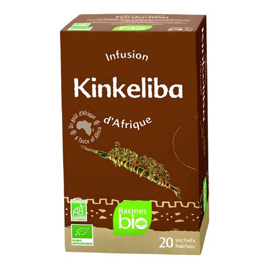 Boîte d'infusion kinkeliba BIO d'Afrique Racines, 20 sachets fraîcheur, détoxifiant naturel certifié AB pour bien-être et digestion.