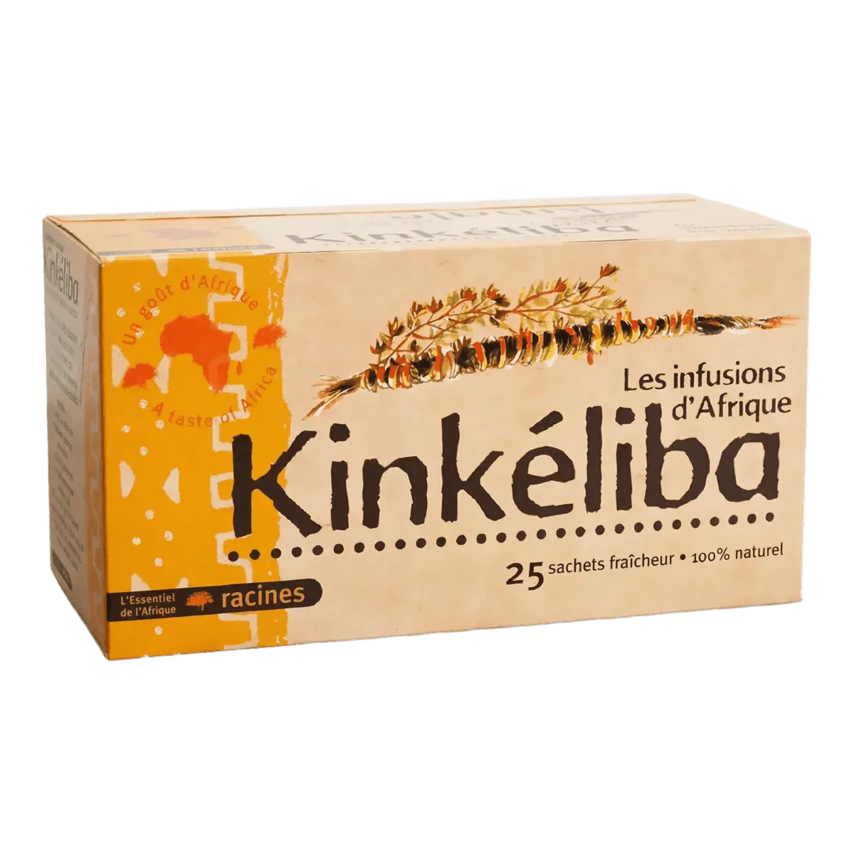Doos Kinkéliba wortelthee, infusie uit Afrika. Illustratie van twijgjes.