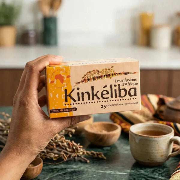 Boîte d'infusion Kinkéliba RACINES dans une main, tasse de thé et décor de table naturelle.