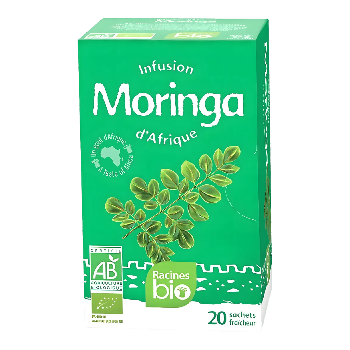 Boîte d'infusion Moringa Bio RACINES avec 20 sachets, certifiée AB, riche en vertus nutritionnelles et issue de feuilles de moringa d'Afrique.