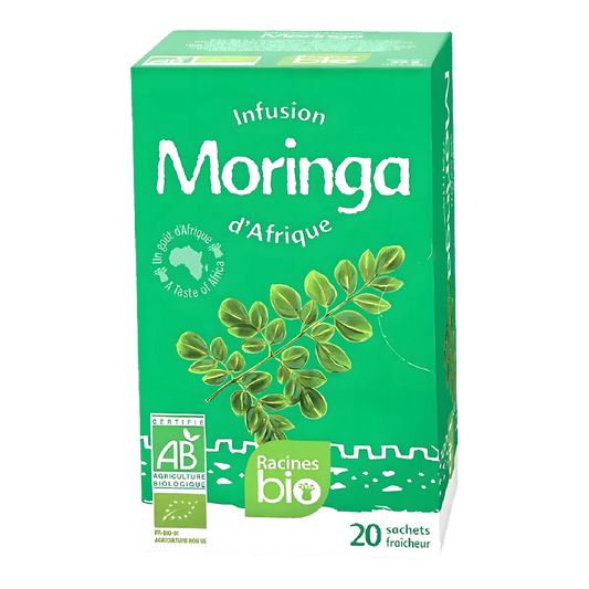 Boîte d'infusion Moringa Bio RACINES avec 20 sachets, certifiée AB, riche en vertus nutritionnelles et issue de feuilles de moringa d'Afrique.