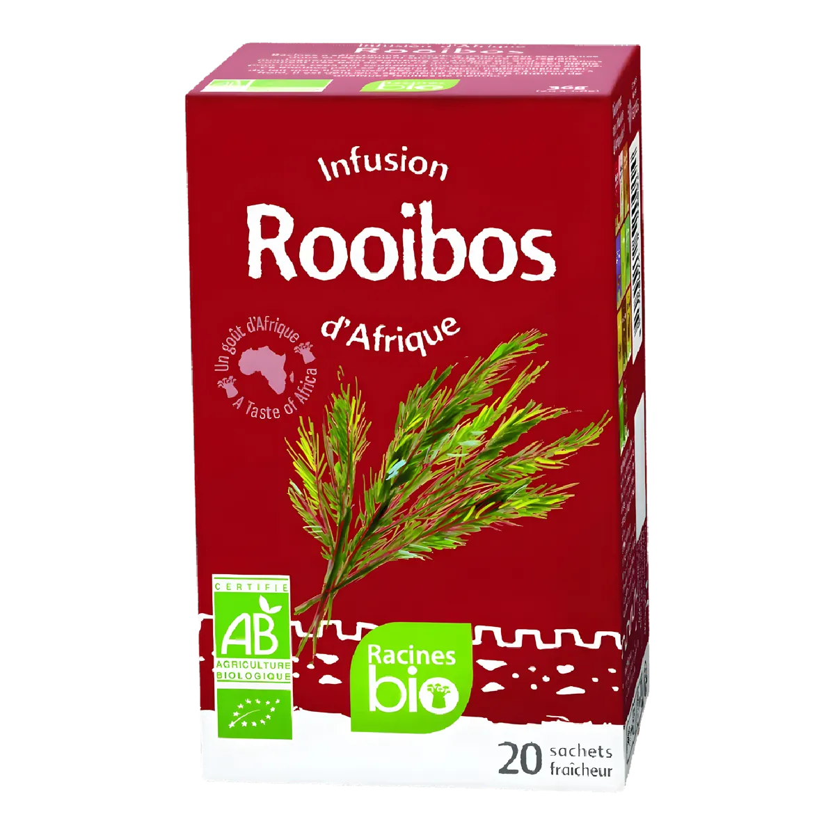 Boîte d'Infusion Afrique Rooibos BIO RACINES, 20 sachets, sans caféine, certifiée AB, idéale pour une boisson bien-être naturelle et bio.