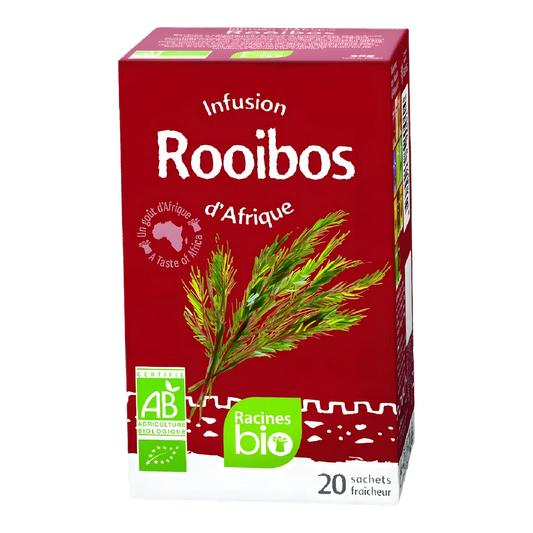 Boîte d'Infusion Afrique Rooibos BIO RACINES, 20 sachets, sans caféine, certifiée AB, idéale pour une boisson bien-être naturelle et bio.