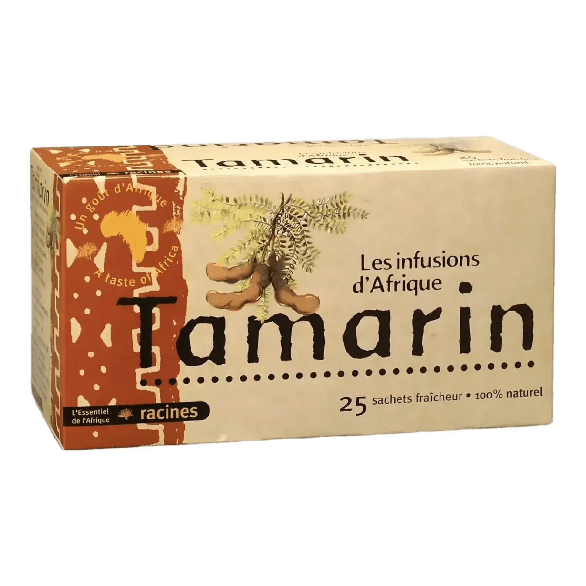 Infusiedoos Tamarinde van het merk Racines, smaak van Afrika. Illustratie van tamarindes.