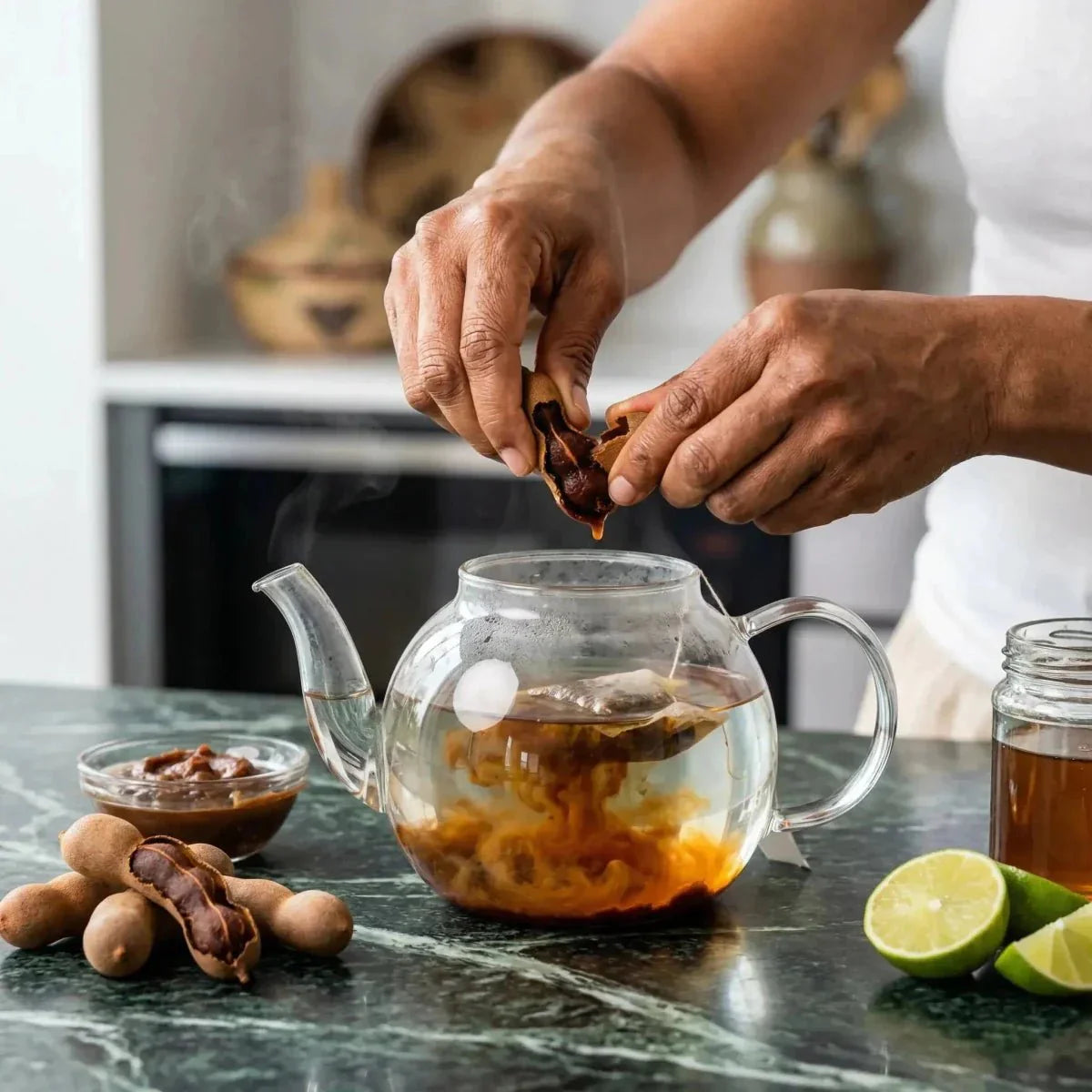 Infusie RACINES tamarinde. Bereiding van een infusie in een doorzichtige theepot. Tamarinde.