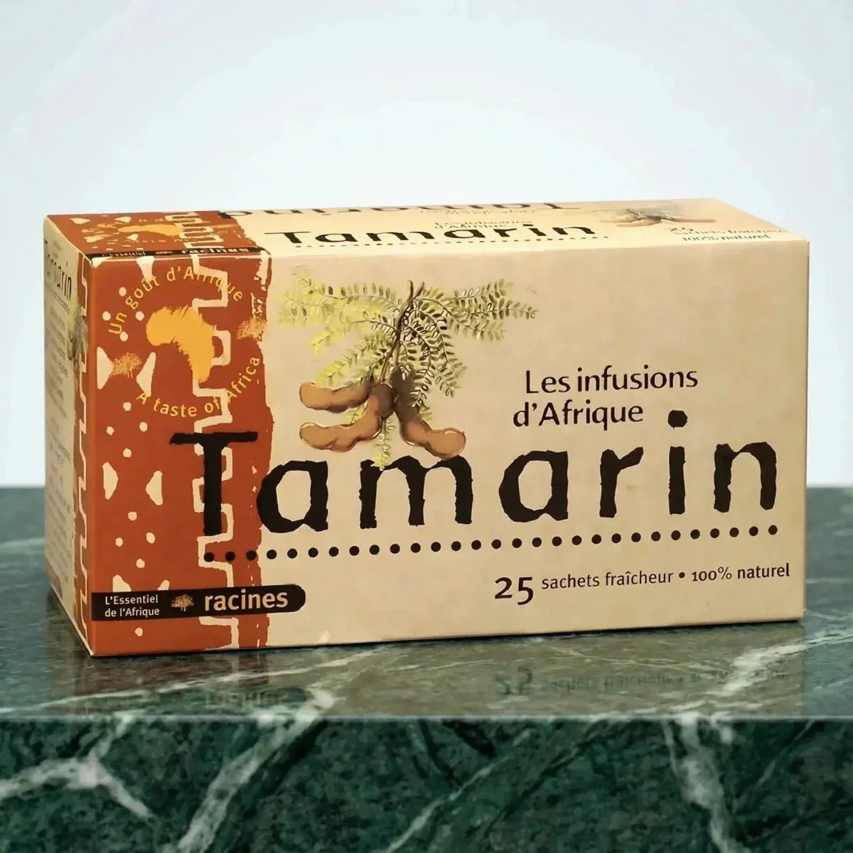 Afrikaanse infusie met tamarinde van Racines, met een illustratie van tamarinde.