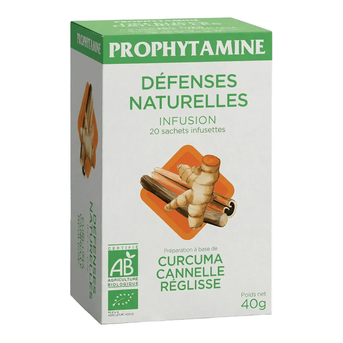 Biologische infusiedoos PROPHYTAMINE Natuurlijke afweer. Illustratie van kurkuma en kaneel.