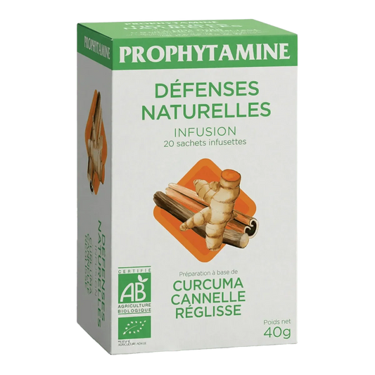 Biologische infusiedoos PROPHYTAMINE Natuurlijke afweer. Illustratie van kurkuma en kaneel.