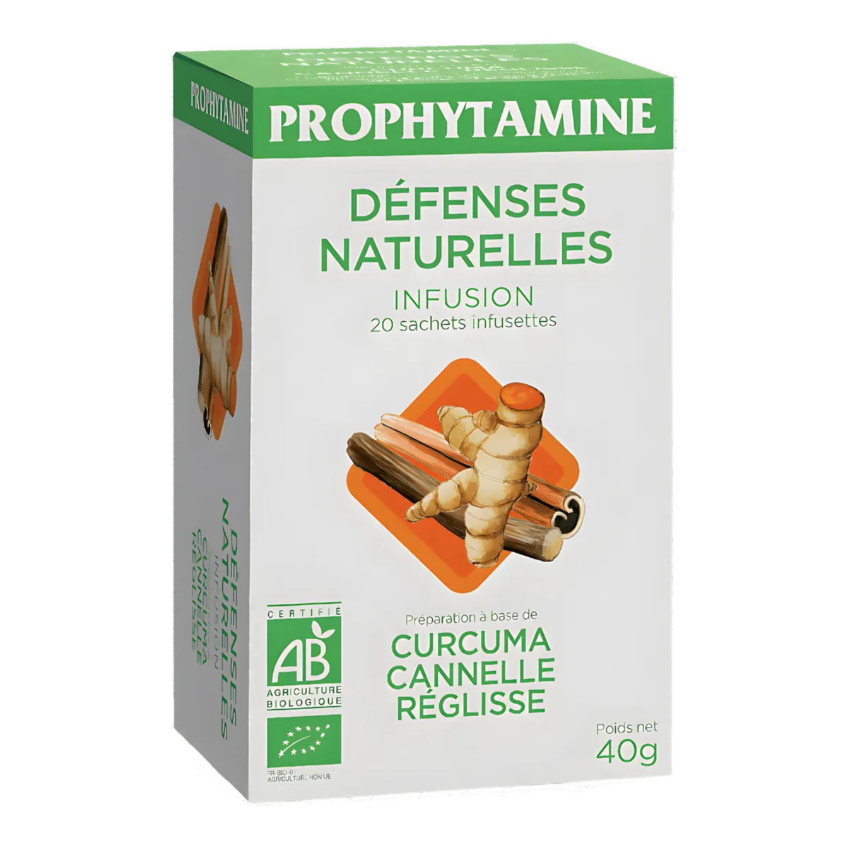 Infusion Immunité BIO PROPHYTAMINE aux plantes naturelles, boîte de 20 sachets avec curcuma, cannelle et réglisse pour renforcer les défenses.
